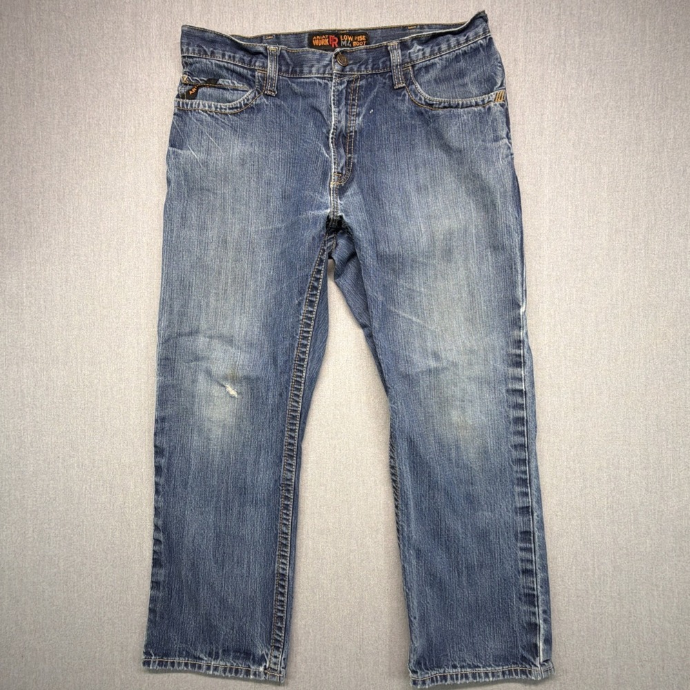 Ariat FR M4 Low Rise Boot Cut Jeans Mens Size 36x30 (Fits 36x28) Distressed